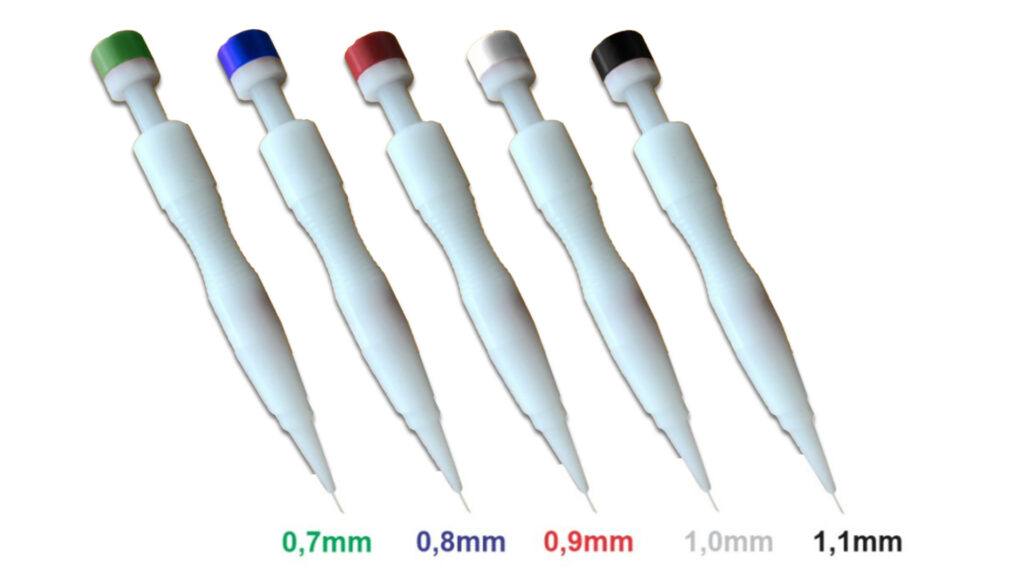 Diferentes tipos de implanters utilizados no transplante capilar - variando de 0,6mm a 1,1mm